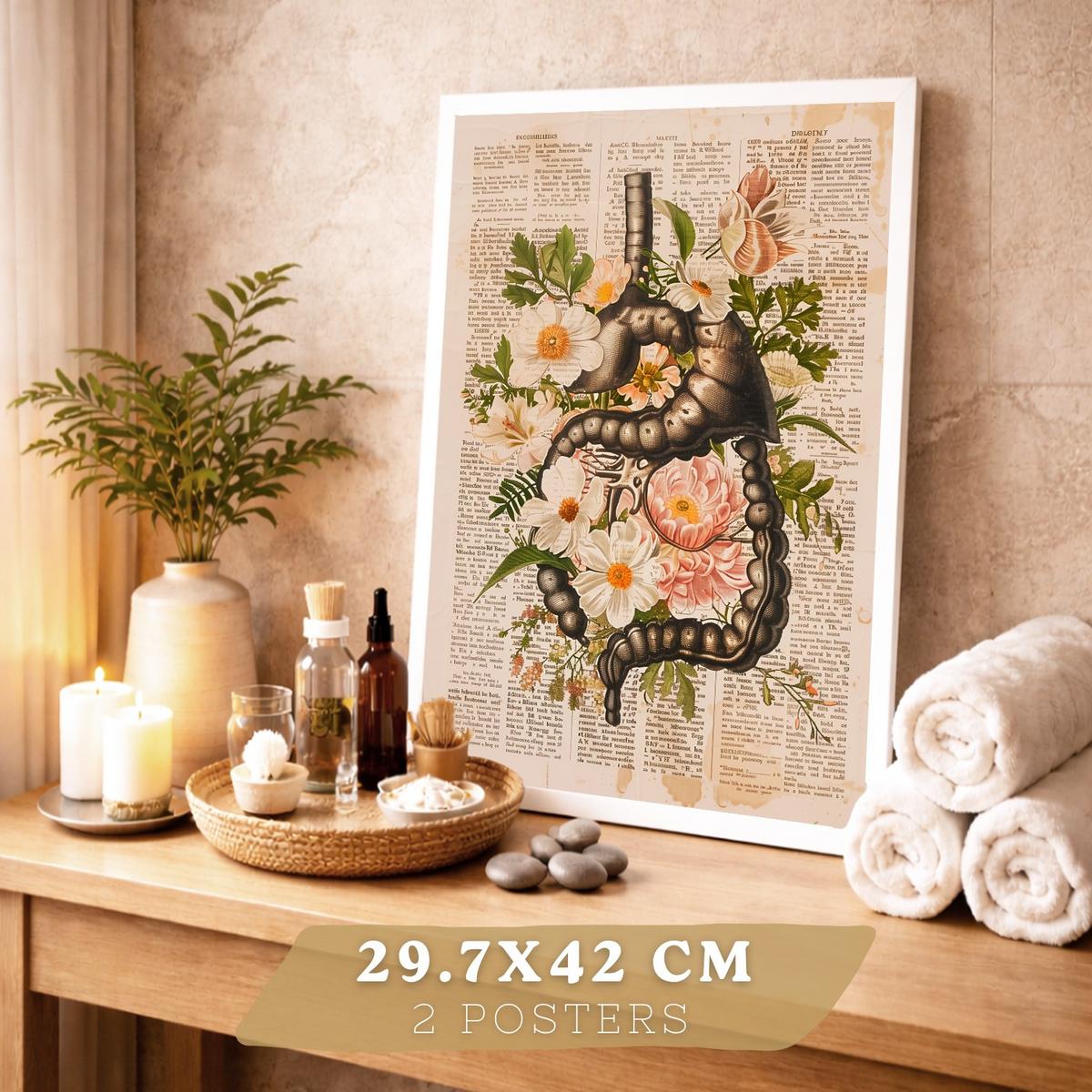 POSTER Set aus 2 Anatomie Mensch Drucke und Wandbilder mit Verdauungssystem Darm und Herz Klassisches Florales Design Größe Weißer Rahmen A3 - Weiß, Papier (29.7/42/3cm) - Nacnic