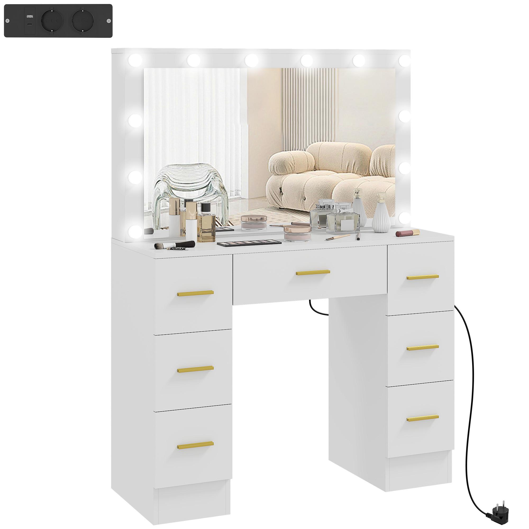 SCHMINKTISCH mit LED-Leuchten, Kosmetiktisch mit Spiegel, 7 Schubladen, Weiß - Goldfarben/Weiß, Holzwerkstoff/Metall (40/137/100cm) - HOMCOM
