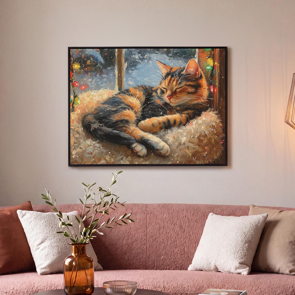 LEINWAND Bilder mit Rahmen - Katze - Weihnachten - Winter - Tier - 70x50 - Bernsteinfarben, Textil (70/50cm) - MuchoWow