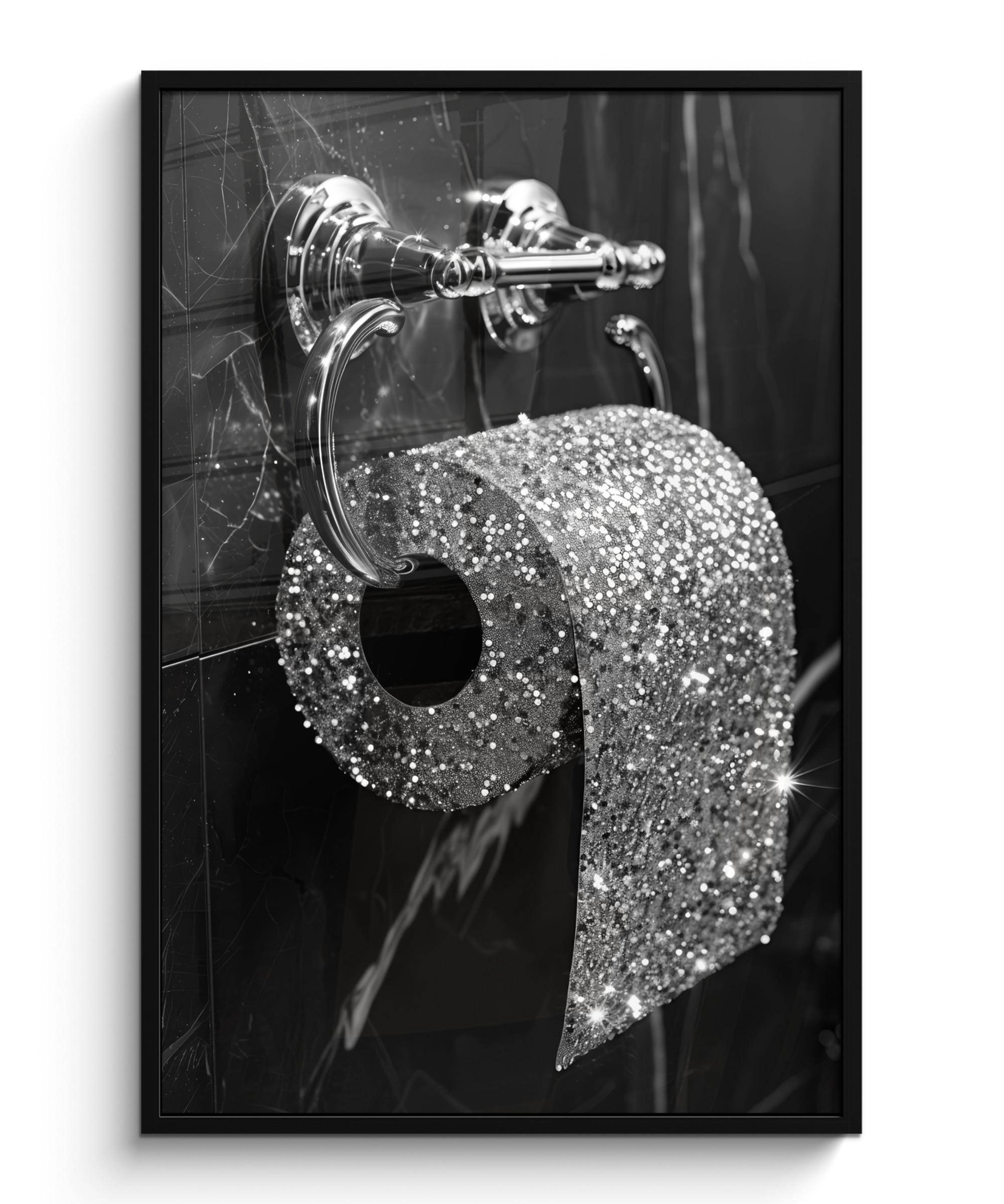 POSTER MIT RAHMEN WC - Toilettenpapier - Schwarz und weiß - Glitter Bilderleiste 80x120 cm - Silberfarben, Papier (80/120cm) - MuchoWow