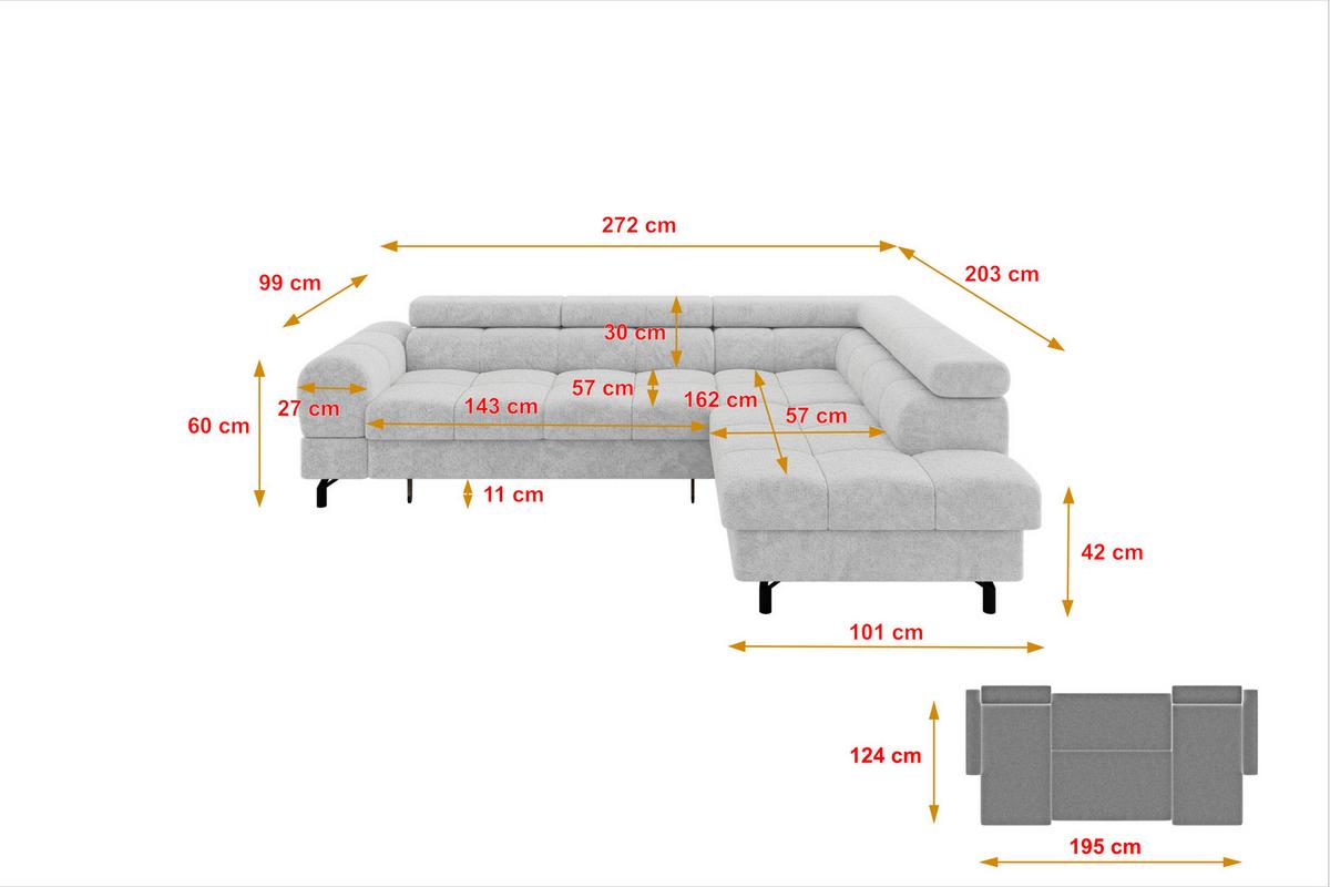 ECKSOFA mit Schlaffunktion Ottomane Rechts LUMA-L 272x203x70 Grau Velours - Schwarz/Grau, Holzwerkstoff/Kunststoff (203/272cm) - ALTDECOR