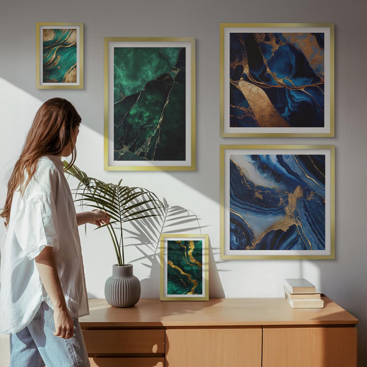 BILDER SET 5er Set - 50x50 cm & 20x30 cm & 40x60 cm Goldrahmen - Blumen, heller Hintergrund, Marmormuster - Goldfarben, Kunststoff (40/60cm) - TULUP