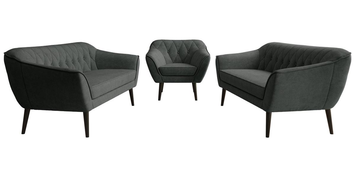 SITZGARNITUR PIRS 3+3+1 - Dunkelgrau Strukture - Schwarze Beine - Dunkelgrau/Graphitfarben, Holzwerkstoff/Textil (180/75/74cm) - MKS
