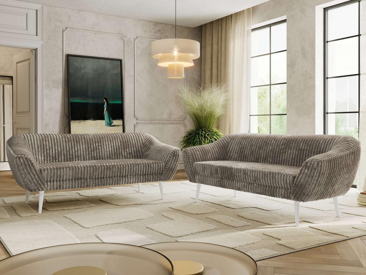 SITZGARNITUR PIRS 3+3 - Hellbraun Cord - Weiße Beine - Hellbraun/Weiß, Holzwerkstoff/Textil (180/75/74cm) - MKS