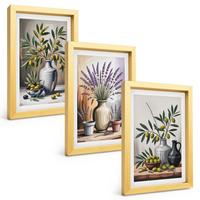 BILDER SET 3er Set - 20x30 cm Goldrahmen - Olivenblüten in Vasen im Hintergrund - Goldfarben, Kunststoff (20/30cm) - TULUP