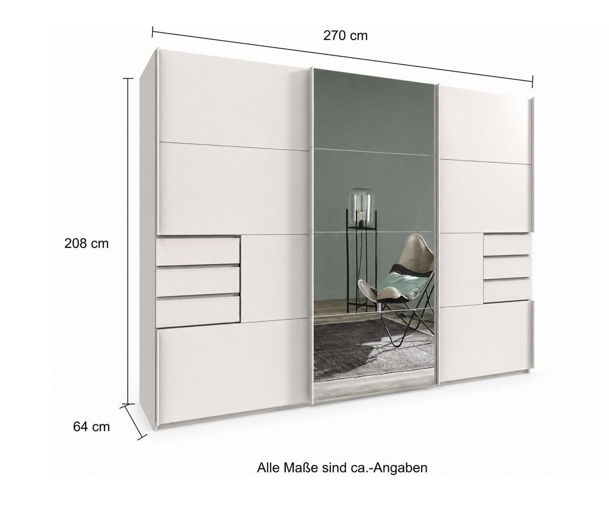 SCHWEBETÜRENSCHRANK 3-türig B270/H208/64 cm, Weiß, eine Spiegeltür, Kleiderschrank mit Schubladen & Vollausstattung / 22613 - Weiß, Holzwerkstoff/Metall (270/208/64cm) - luma-home