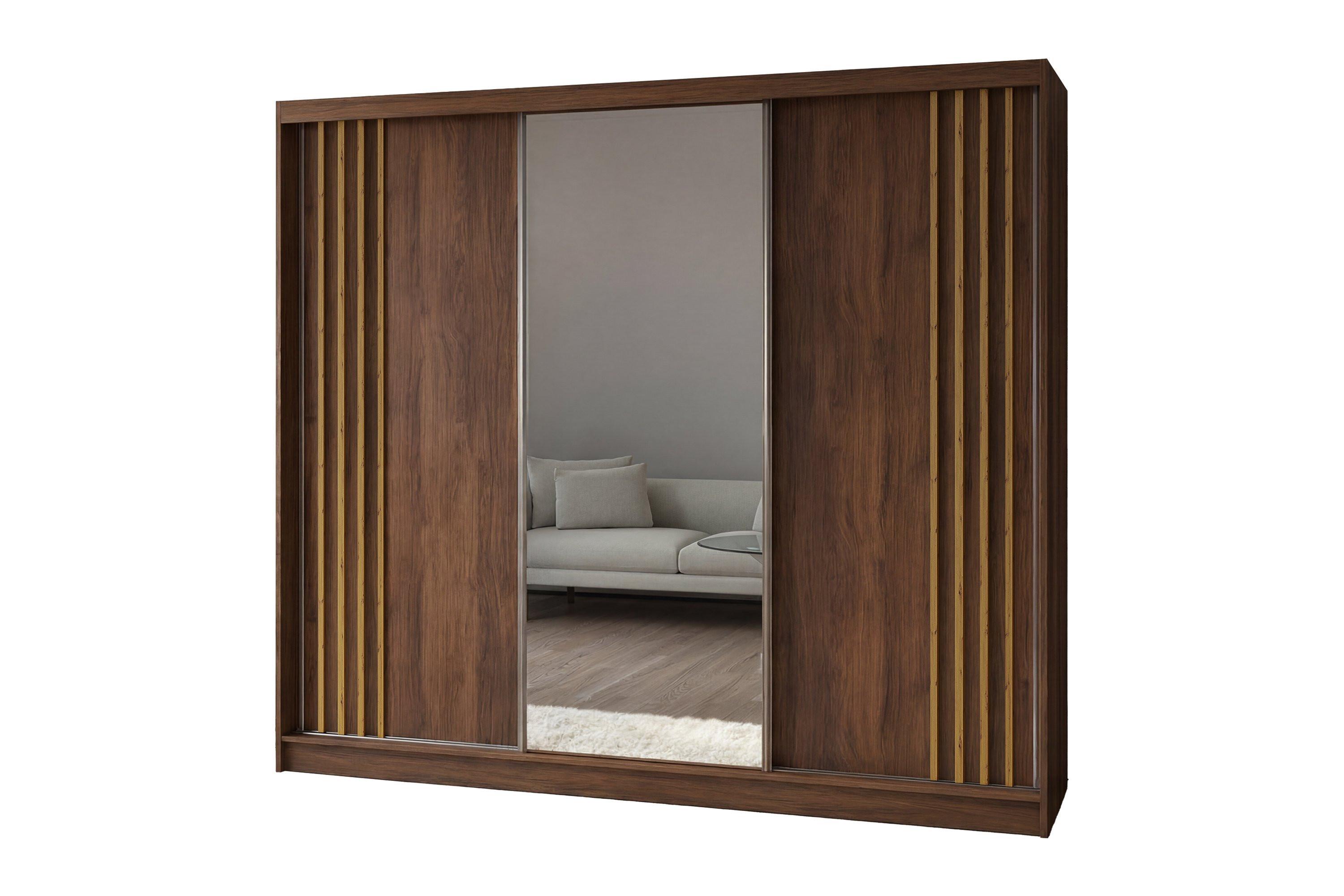 SCHWEBETÜRENSCHRANK NELVIA 240/216/61 cm Modern Kleiderschrank 3-türig mit Spiegel Nussbaumfarben - Nussbaumfarben, Holzwerkstoff (240/216/61cm) - MASSENO