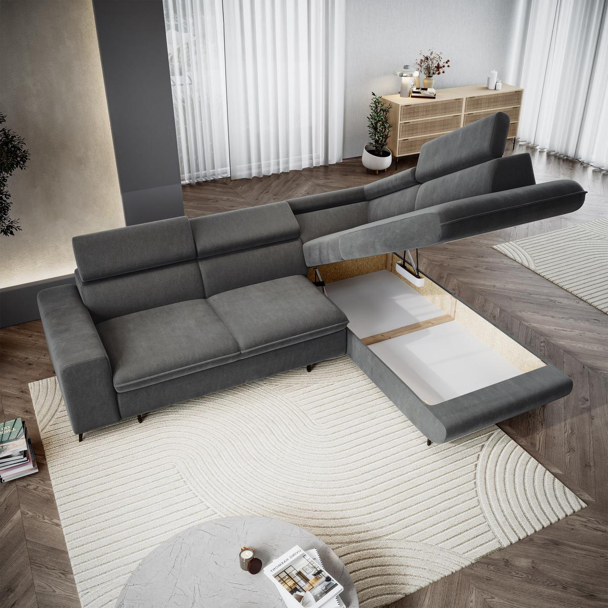 ECKSOFA VELISS Grau Veloursstoff mit Schlaffunktion - Grau, Holz (255/193cm) - MASSENO