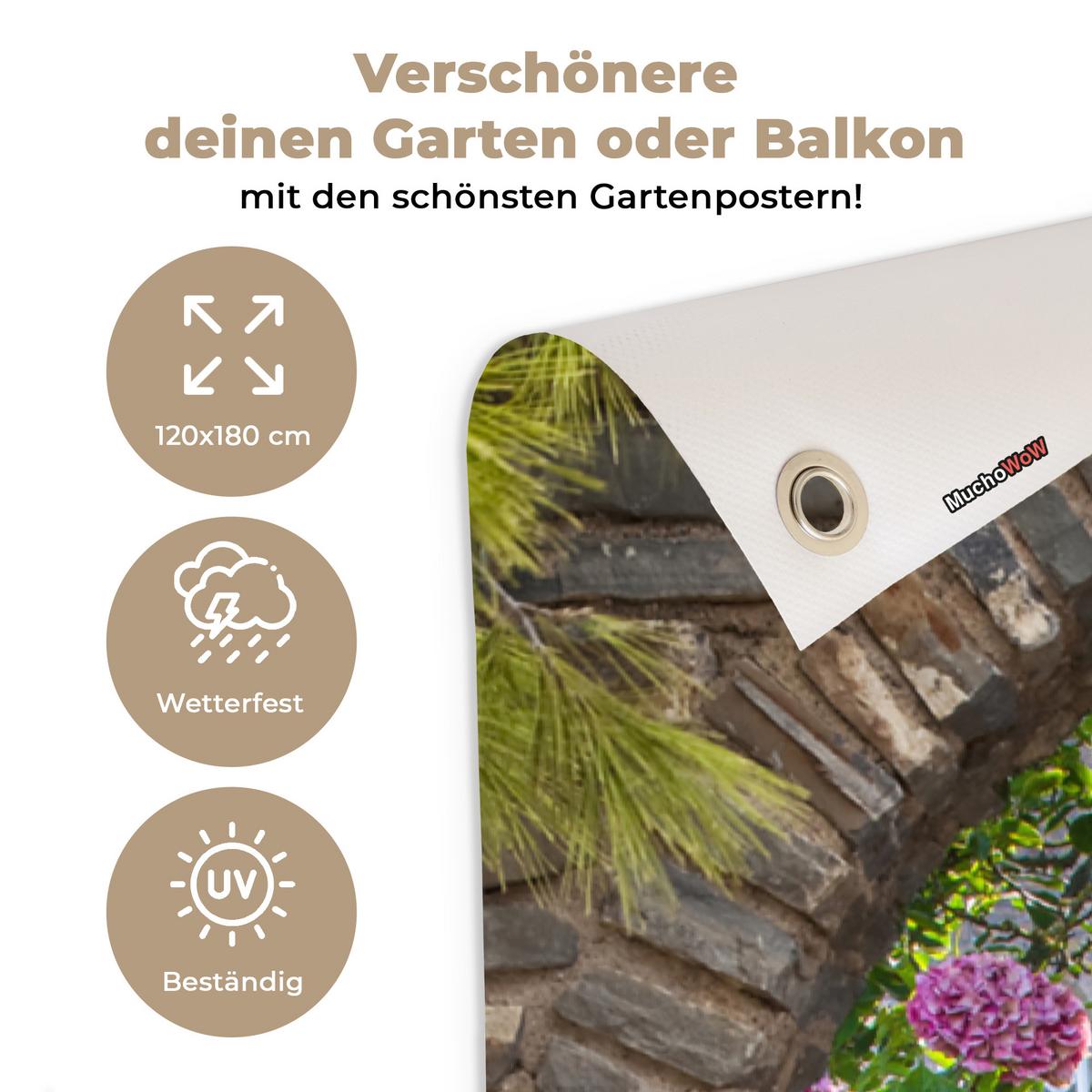 GARTENPOSTER Blumen - Guck-guck - Hortensie - Sommer Bild 120x180 cm - Braun, Kunststoff (120/180/0.2cm) - OnlyWow