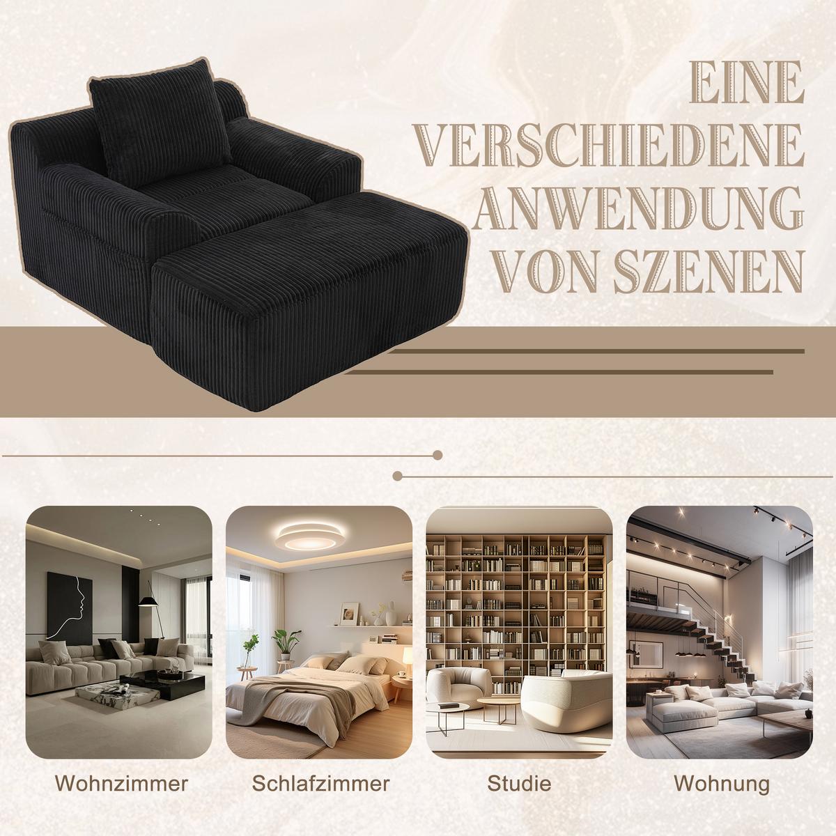 SESSEL mit Hocker in Cord Übergroßer Relaxsessel - Schwarz, Textil (110/67/147cm) - Urban Meuble