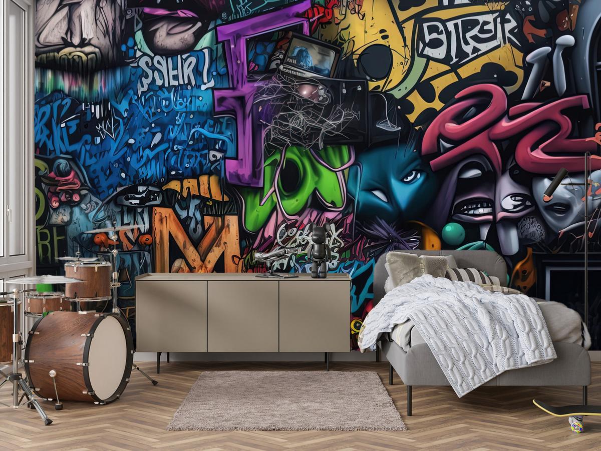 FOTOTAPETE für Jugendzimmer Bunte Graffiti Figura Schrift Abstrakt 500x350 - Blau/Pink, Papier (500/350cm) - Muralo