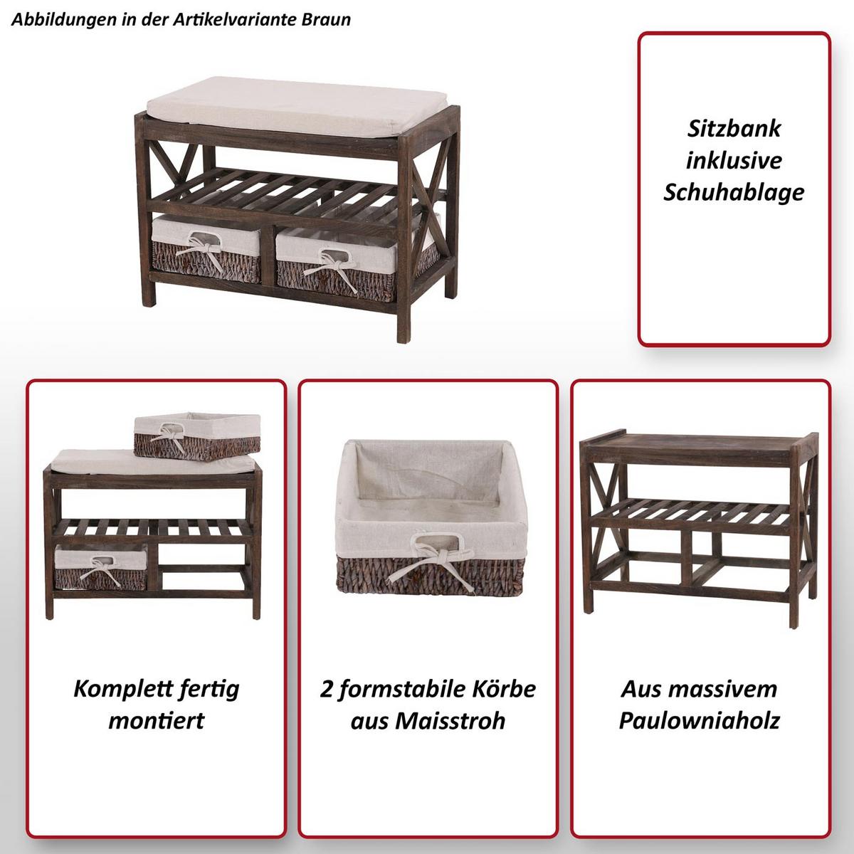 SCHUHREGAL SITZBANK Braun, Cremeweiß - Braun/Weiß, Holz (65/45/34cm) - MCW
