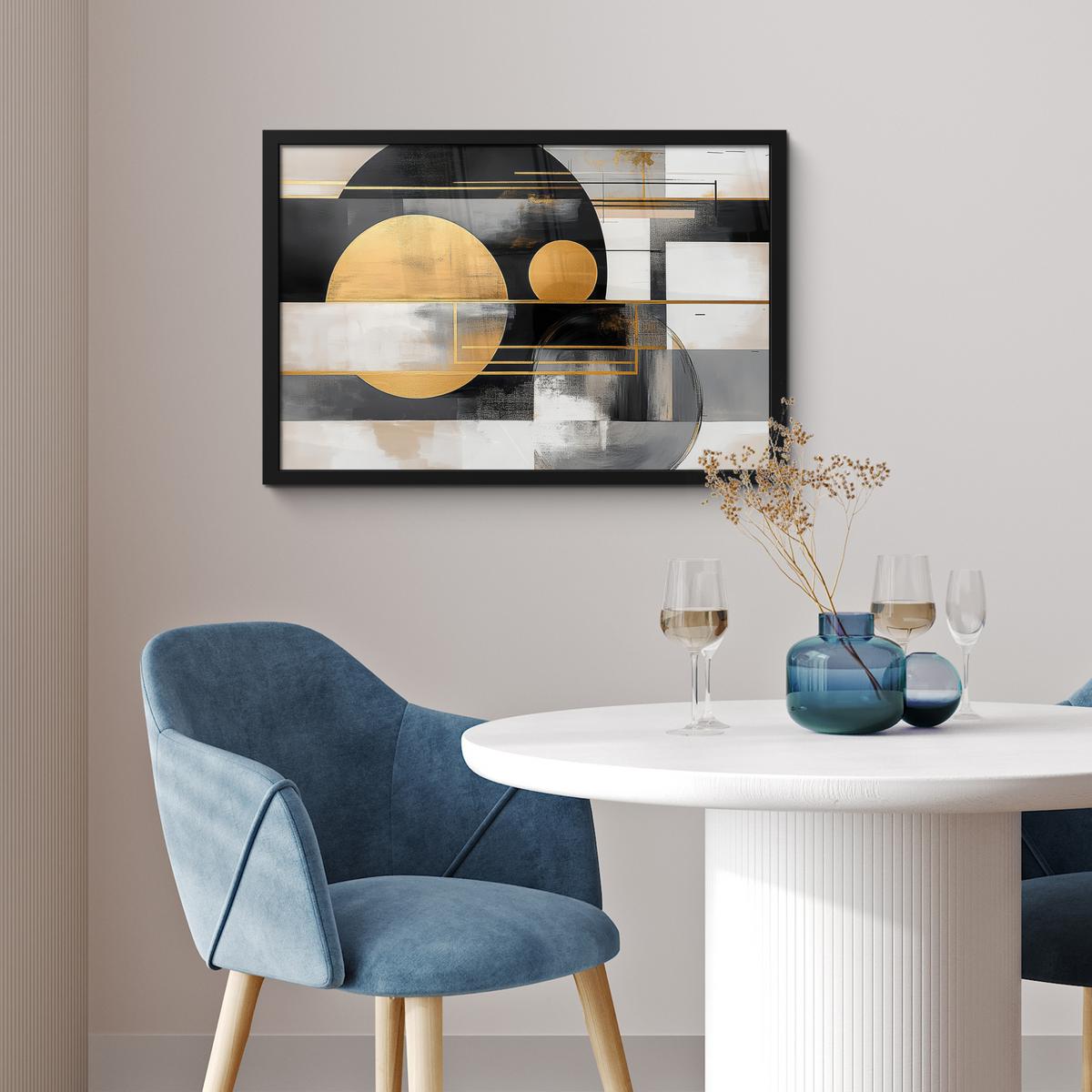POSTER MIT RAHMENGERAHMTES BILD Abstrakt - Gold - Silber - Formen - Ästhetisch - Modern 60x40 cm - Goldfarben, Papier (60/40cm) - MuchoWow