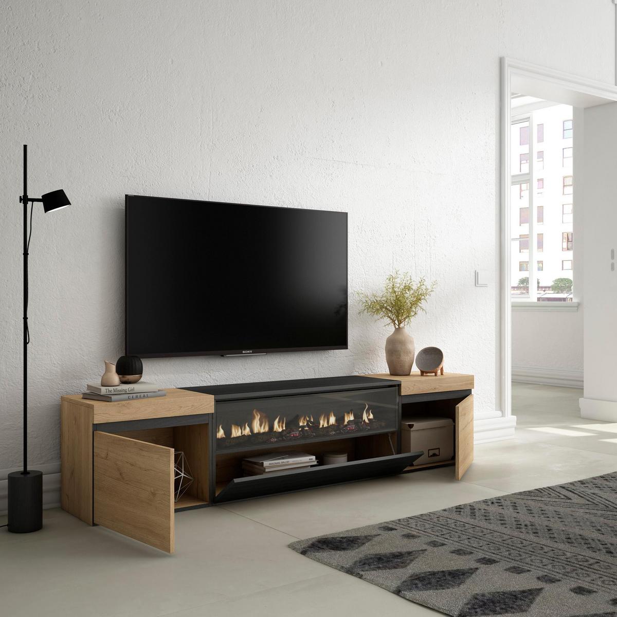 LOWBOARD mit Elektrokamin, Eiche, Schwarz, 200/35/45cm - Eichefarben/Schwarz, Holzwerkstoff (200/45/35cm) - Skraut Home