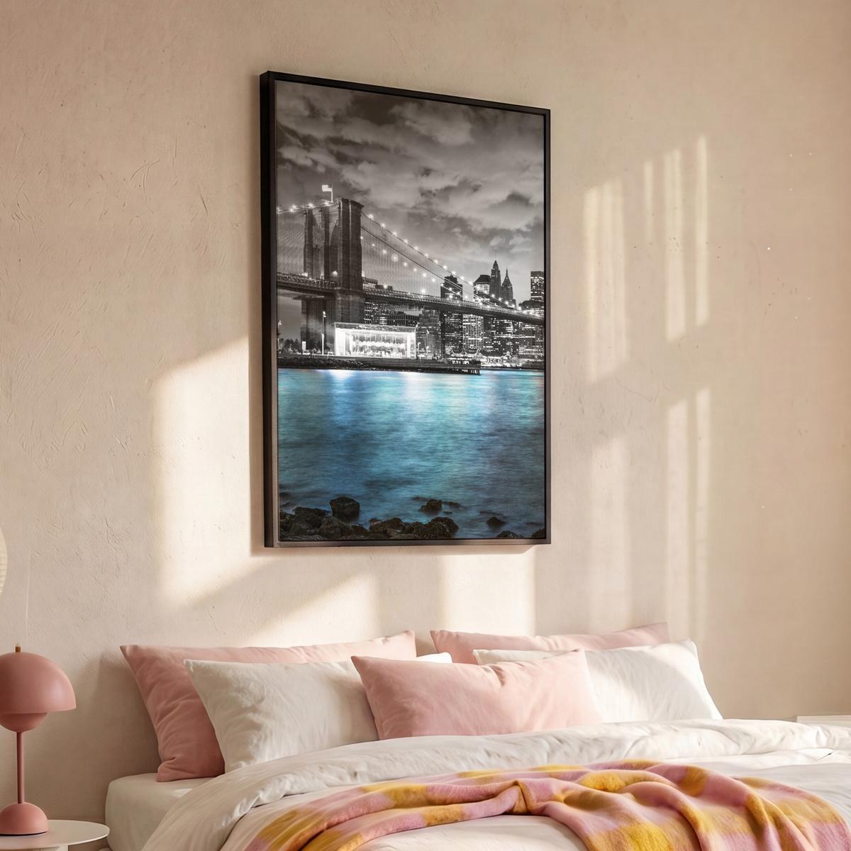 LEINWAND Bilder mit Rahmen - New York - Skyline - Stadt - Blau - 100x150 - Blaugrau, Textil (100/150cm) - MuchoWow
