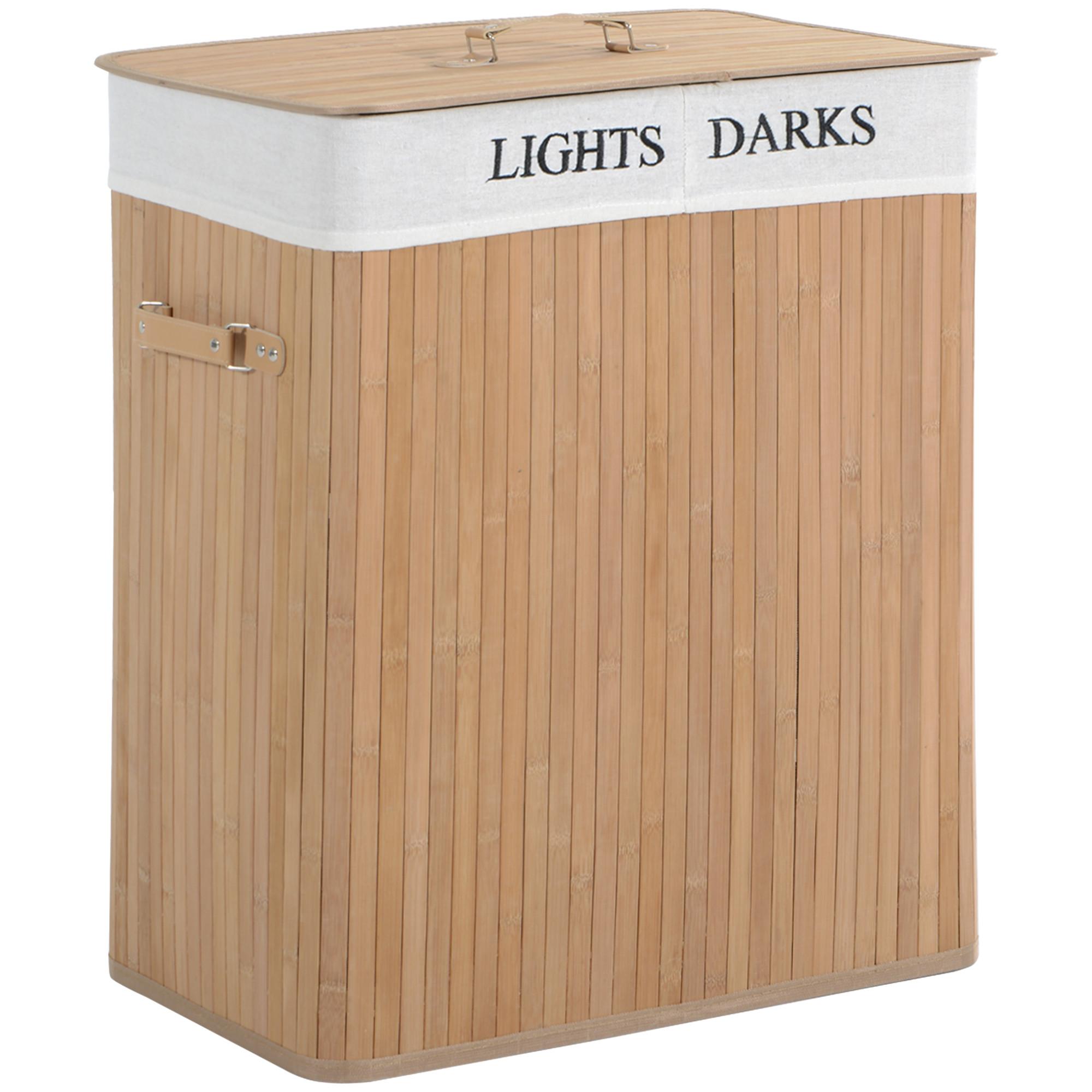 100L Wäschekorb Wäschebox Wäschesammler Wäschesortierer 2 x Fach Bambus - Naturfarben, Naturmaterialien (32/63/52cm) - HOMCOM