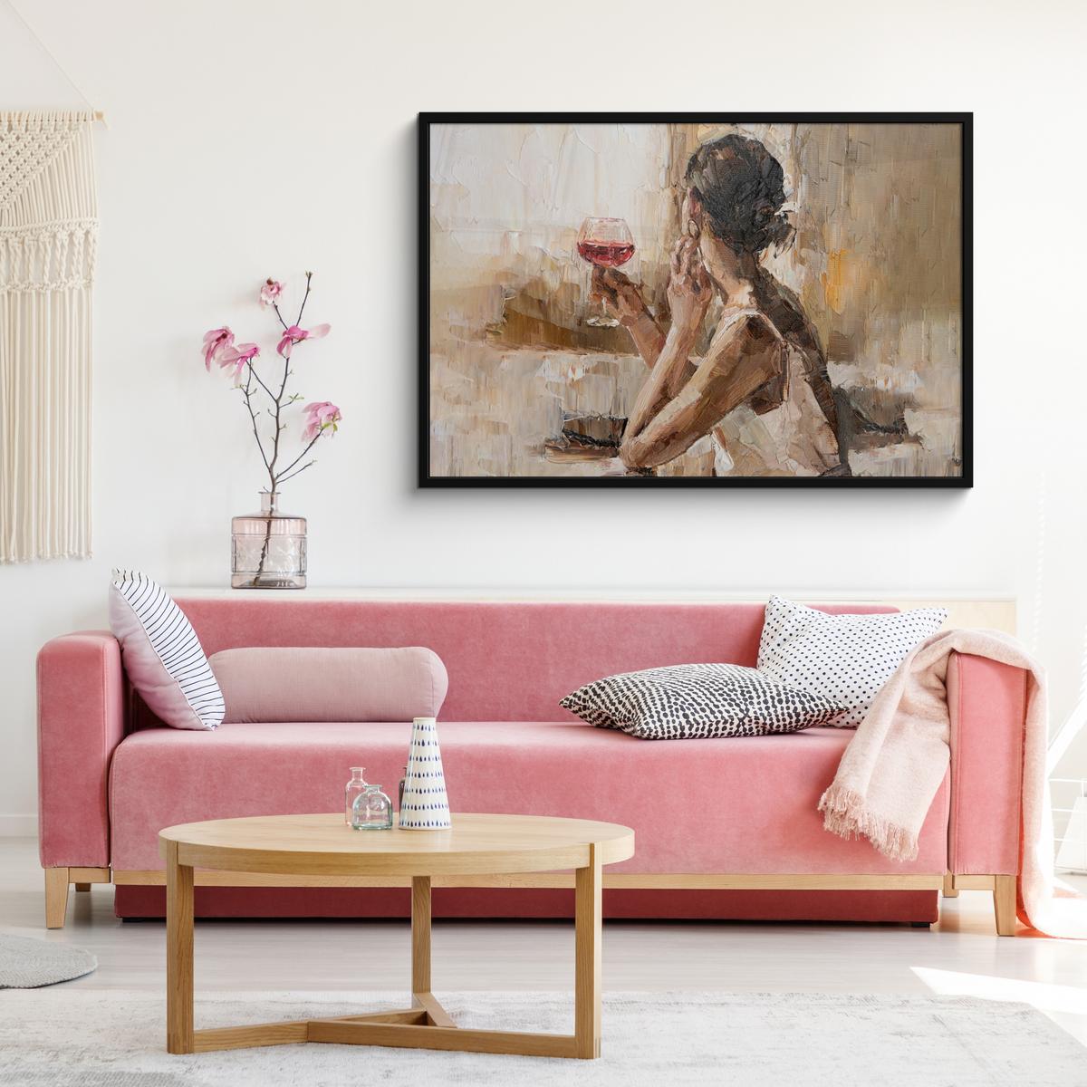 POSTER MIT RAHMENGERAHMTES BILD Ölgemälde - Frau - Wein 120x80 cm - Hellbraun, Papier (120/80cm) - MuchoWow