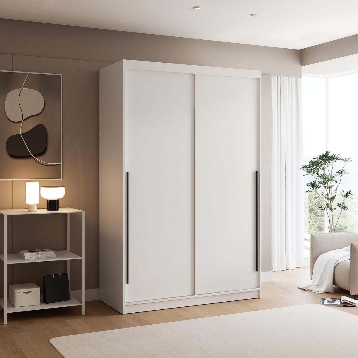SCHIEBETÜRENSCHRANK SILENTE 140 cm mit Einlegeböden und Kleiderstange - Weiß, Holzwerkstoff (140/215/60cm) - Idohome