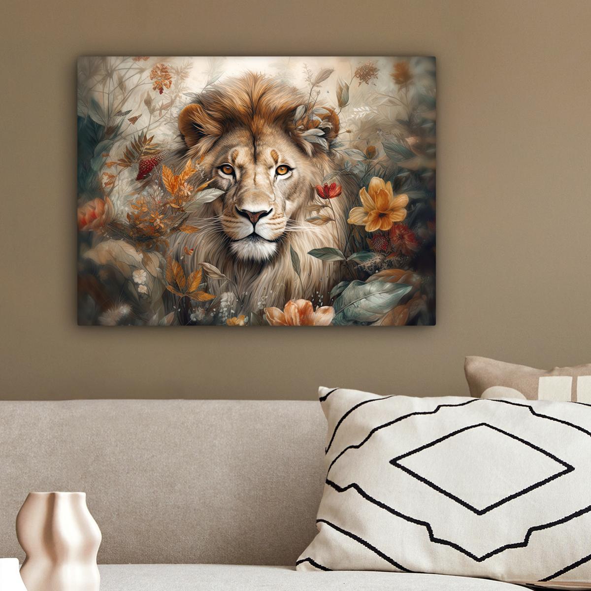 LEINWANDBILD Löwe - Wildtiere - Pflanzen - Natur - Blumen Wandbild 40x30 cm - Beige, Textil (40/30cm) - MuchoWow