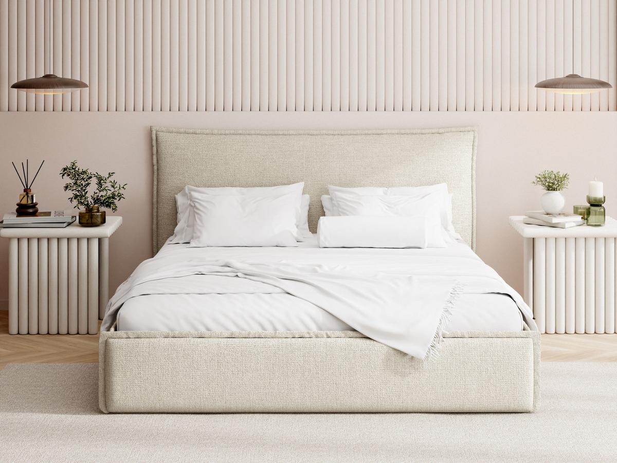 POLSTERBETT Pillow mit Bettkasten, Lattenrost & hohem Kopfteil in Creme Chenille 140x200 cm - Birkefarben/Creme, Holz/Kunststoff (140/200cm) - WFL GROUP