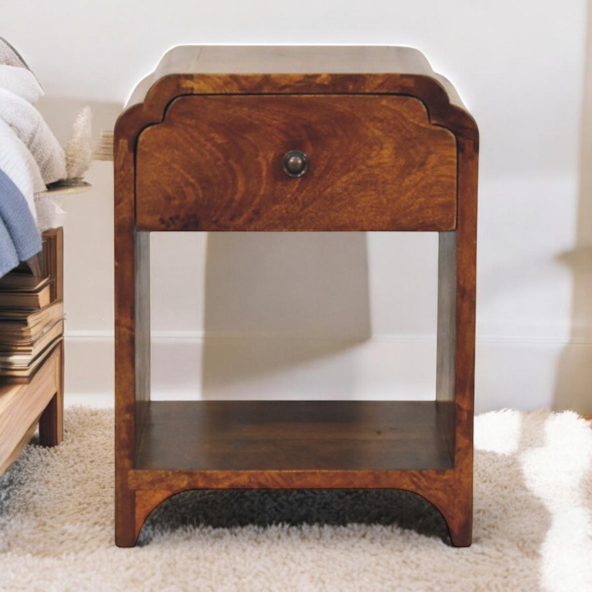 NACHTTISCH Massivholz Newton Mini Kastanienbraun, 1 Schublade und 1 Offenes Regal, Dunkelbraun - Dunkelbraun/Messingfarben, Mangoholz/Holz (30/40/30cm) - Artisan Furniture