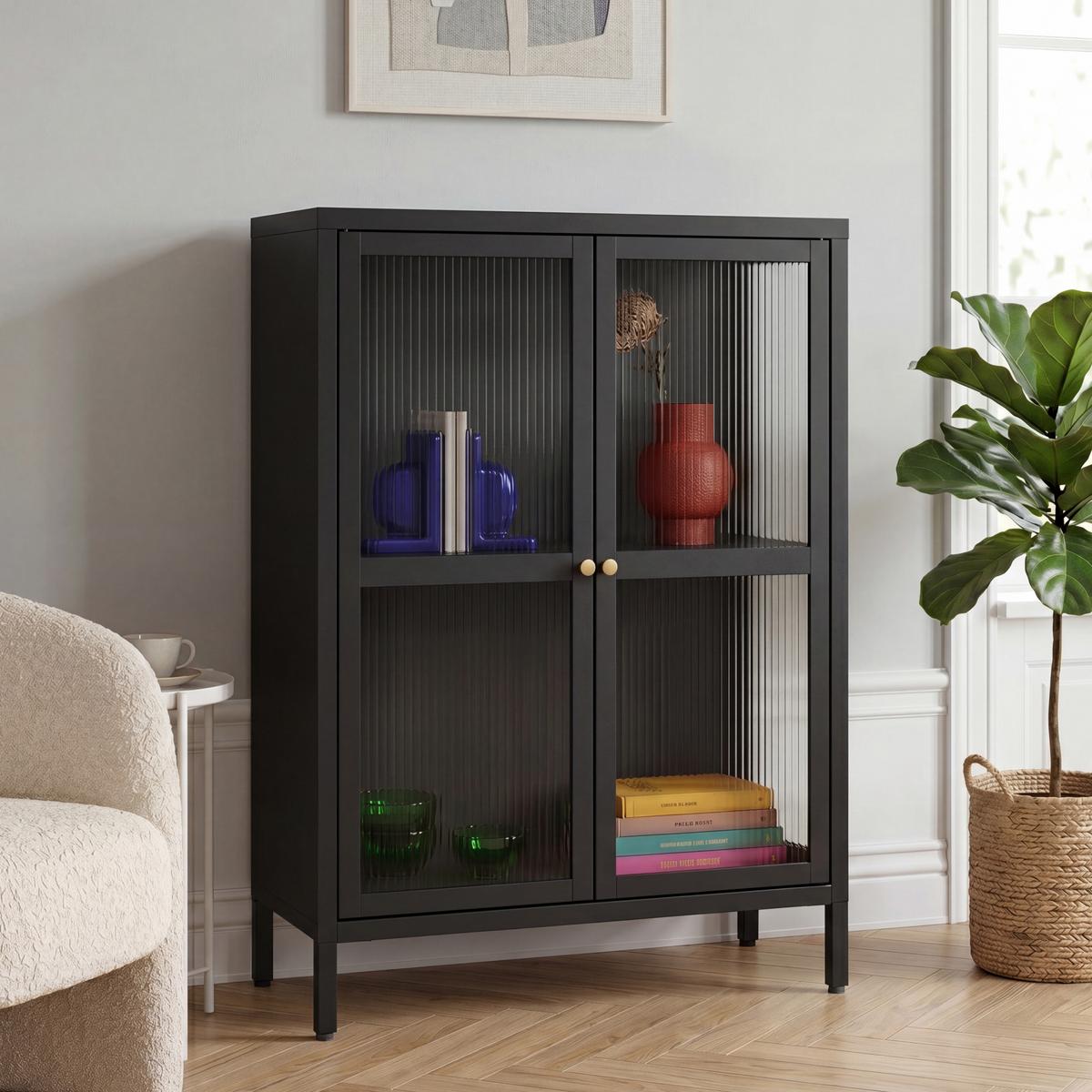 VITRINE Säkylä - Transparent/Schwarz, Glas/Metall (64/84/35cm) - [en.casa]