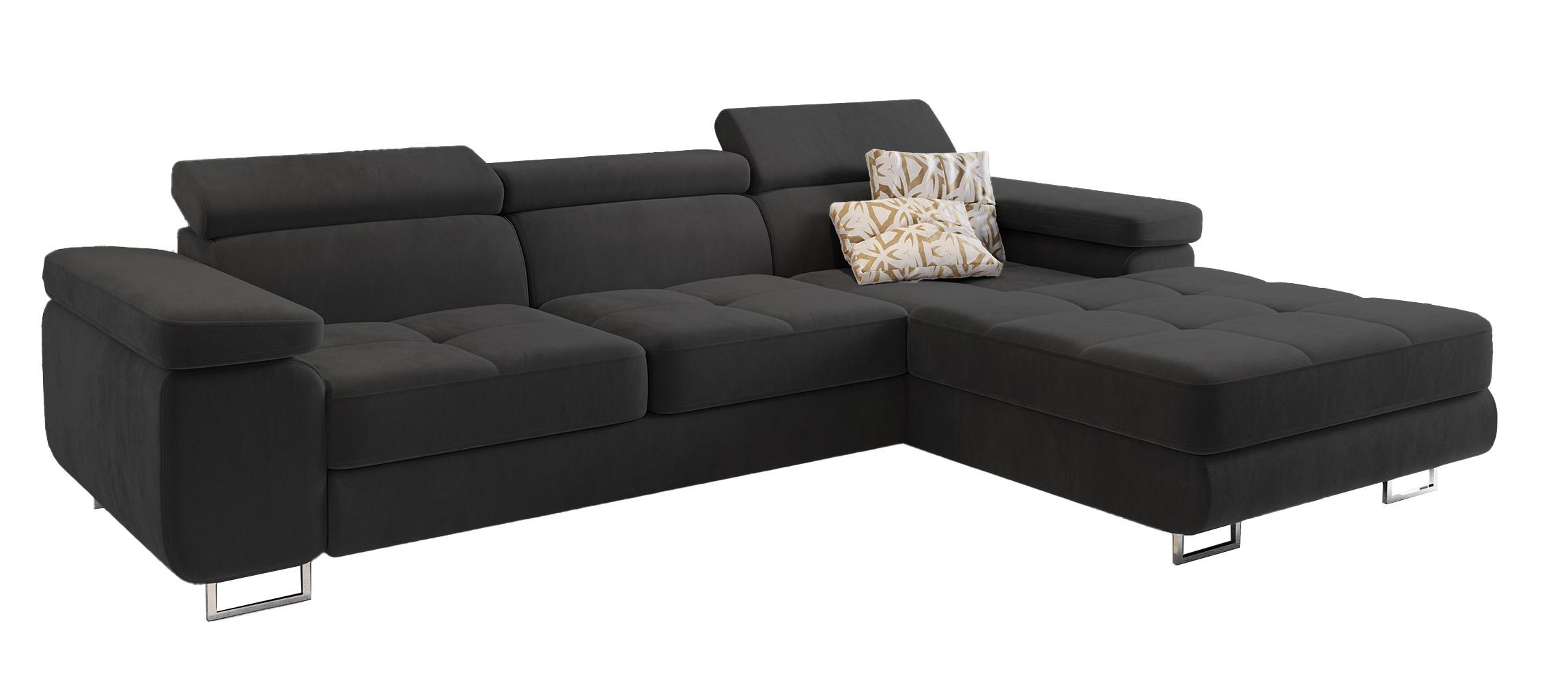 ECKSOFA ELMA R-S Schwarz Velours-Stoff mit Schlaffunktion - Silberfarben/Schwarz, Holz/Textil (280/205cm) - MASSENO
