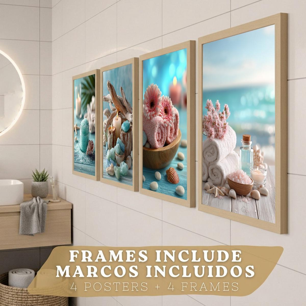 POSTER 4er-Set Badezimmer-Wandposter, Strand-Spa-Poster für Waschbecken, WC mit Muscheln, Kerzen, Handtüchern und Meersalz Leichter Holzrahmen A3 - Beige, Papier (42/29.7/3cm) - Nacnic