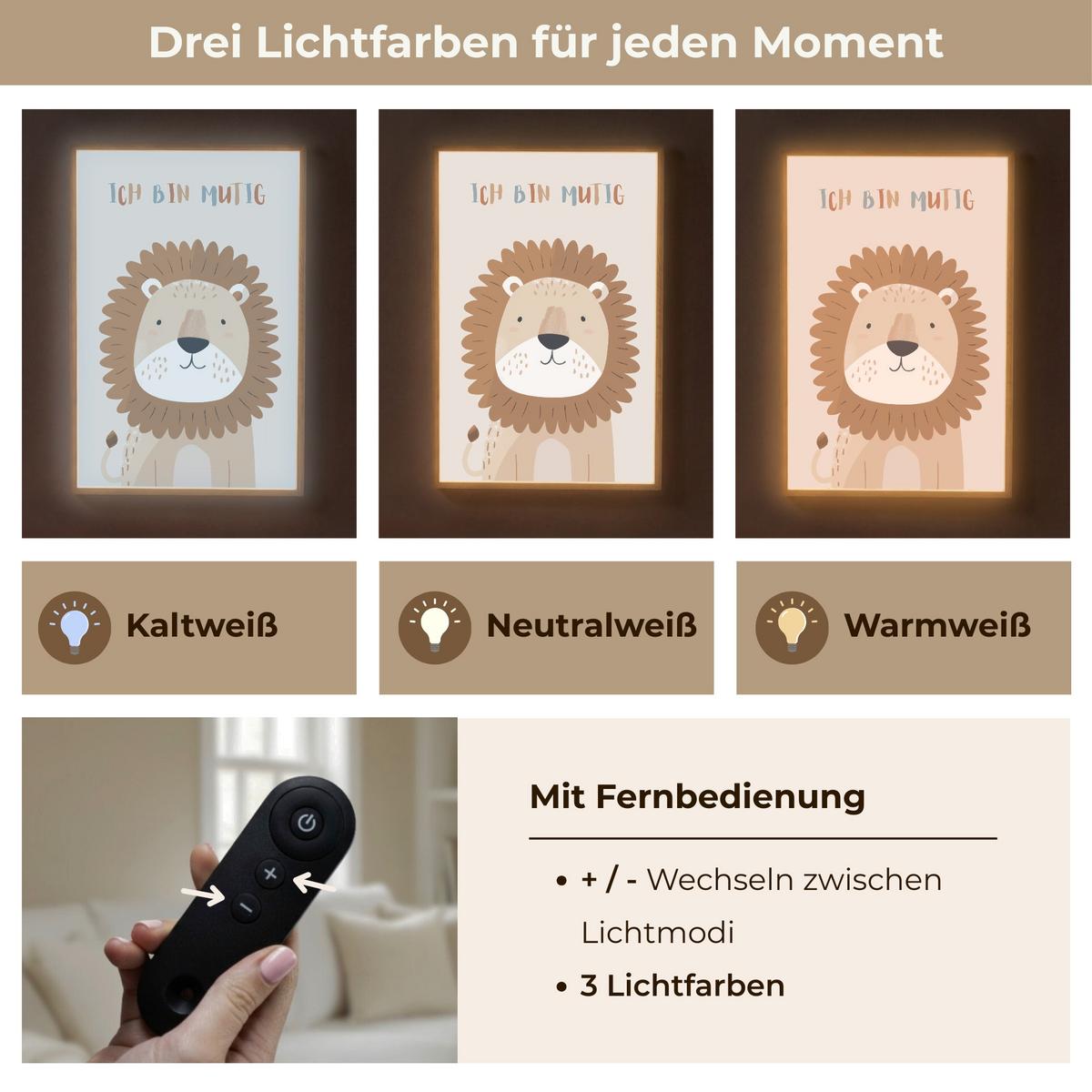 WANDLEUCHTE MIT AKKU Löwe - Beige - Tier - Mutig - Zitat 70x100 cm - Beige, Holzwerkstoff (70/100/8cm) - OnlyWow