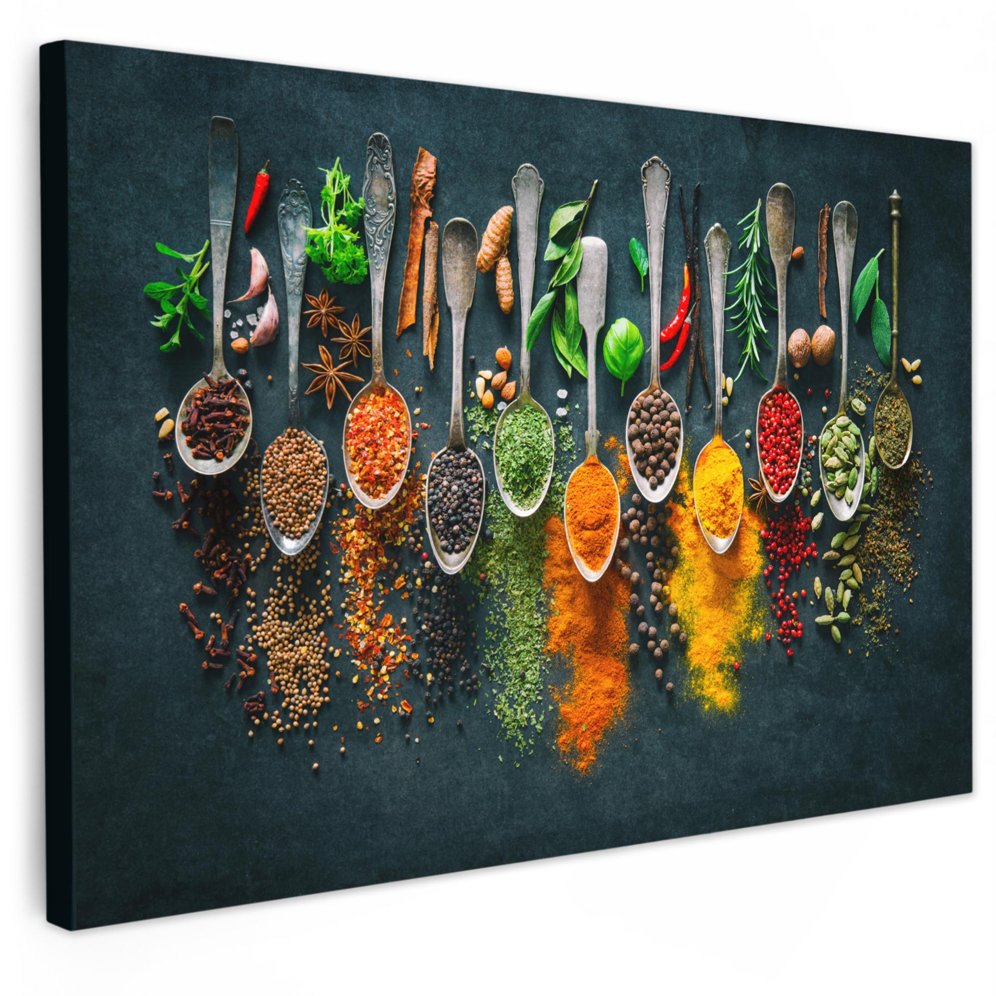 LEINWANDBILD Kräuter - Gewürze - Löffel Gemälde 60x40 cm - Currygelb, Textil (60/40cm) - MuchoWow