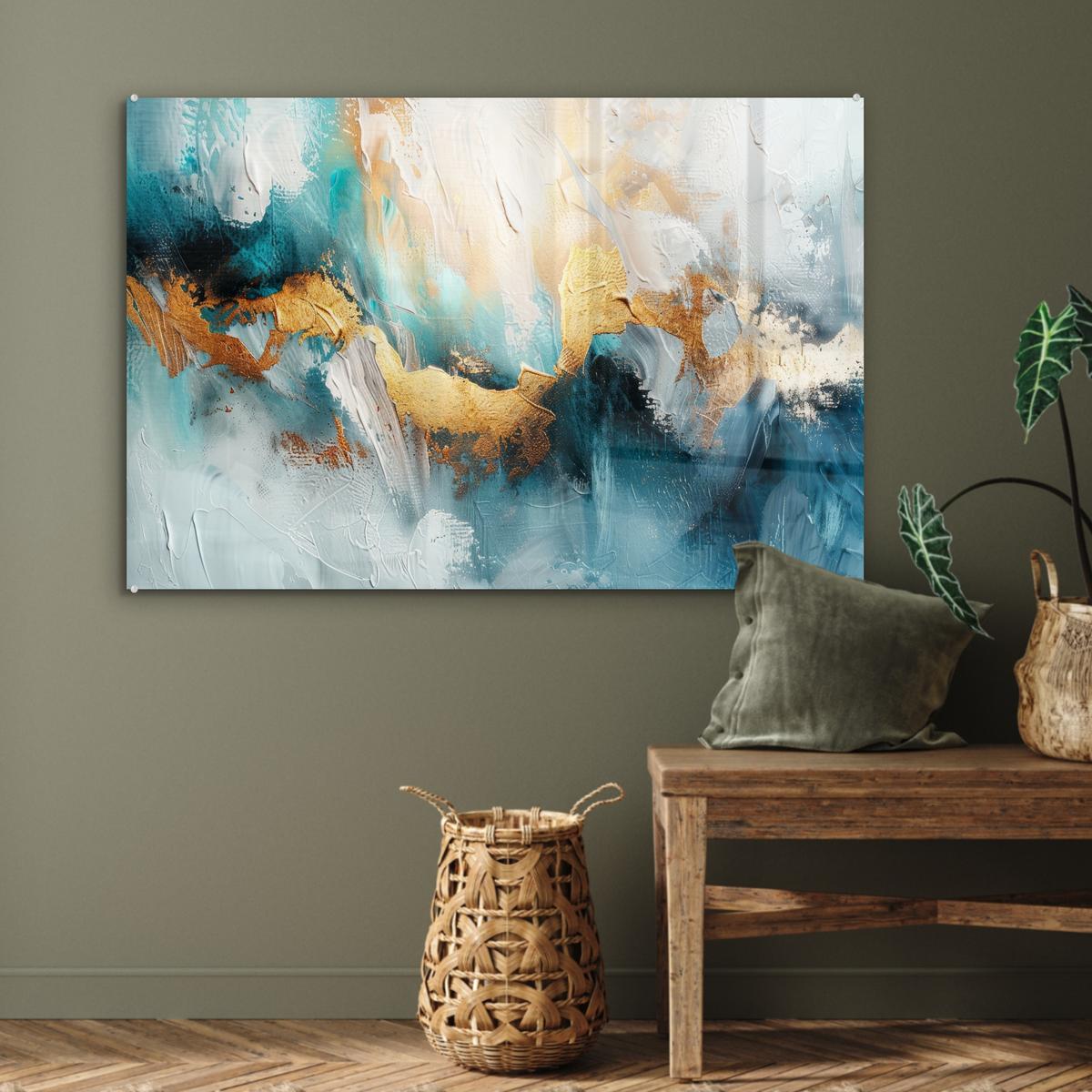 ACRYLGLASBILD Abstrakt - Kunst - Gold - Blau Wandbild Schlafzimmer 120x80 cm - Petrol, Glas (120/80cm) - MuchoWow