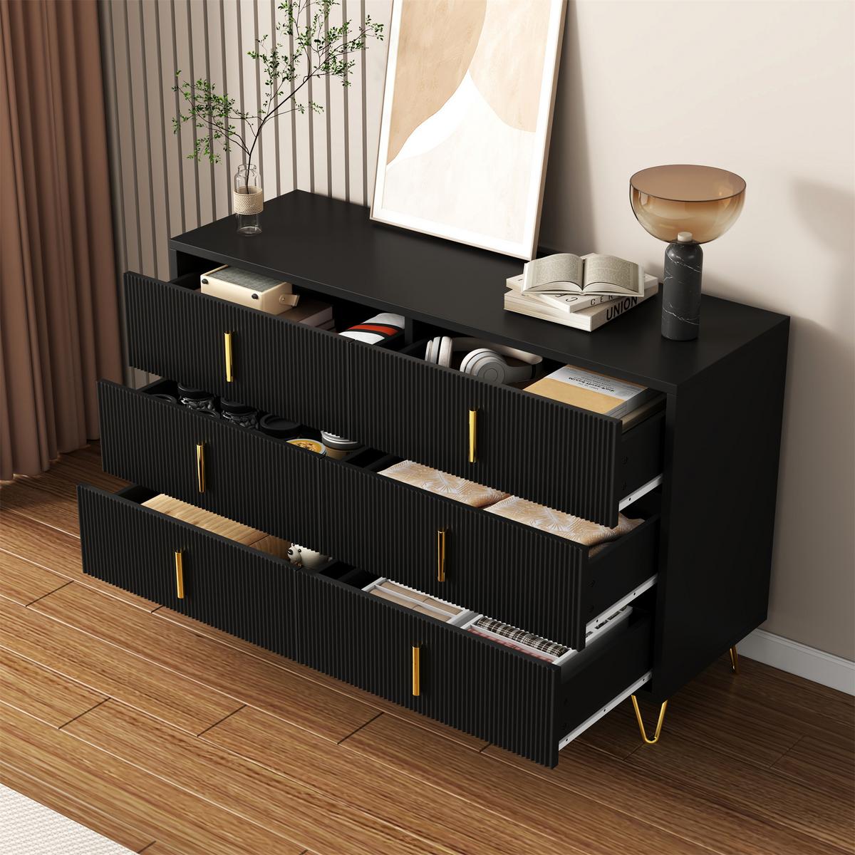 SIDEBOARD schwarz gold 120cm 6 schubladen modern - Schwarz, Holzwerkstoff (120/77/40cm) - Urban Meuble