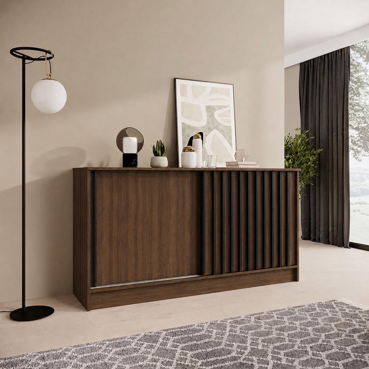 KOMMODE Horizon mit 2 Schiebetüren, 160 cm, Walnuss+Schwarz - Walnussfarben/Schwarz, Holzwerkstoff (161/85/43.5cm) - Beautysofa
