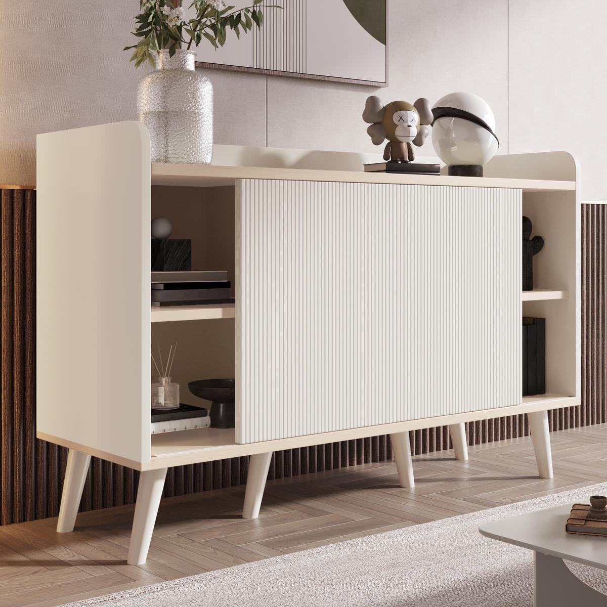SIDEBOARD mit Schiebetüren & 3 Schubladen, Weiß und Holzoptik - Beige, Holzwerkstoff/Metall (117/79/40cm) - Urban Meuble