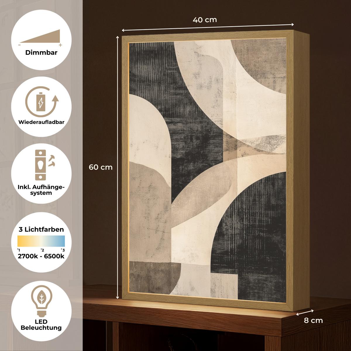 WANDLEUCHTE MIT AKKU Abstrakt - Formen - Modern - Beige 40x60 cm - Grau, Holzwerkstoff (40/60/8cm) - OnlyWow
