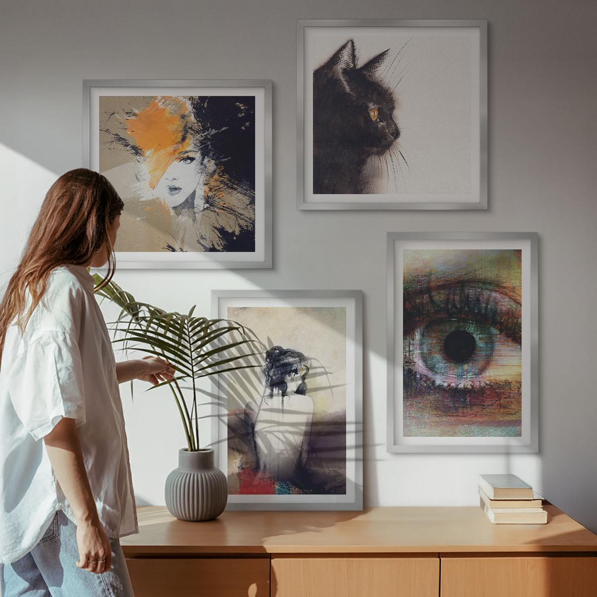 BILDER SET 4er Set - 50x50 cm & 40x60 cm Silberner Rahmen - Porträt einer Frau, Auge, Farben, Emotionen - Silberfarben, Kunststoff (50/50cm) - TULUP