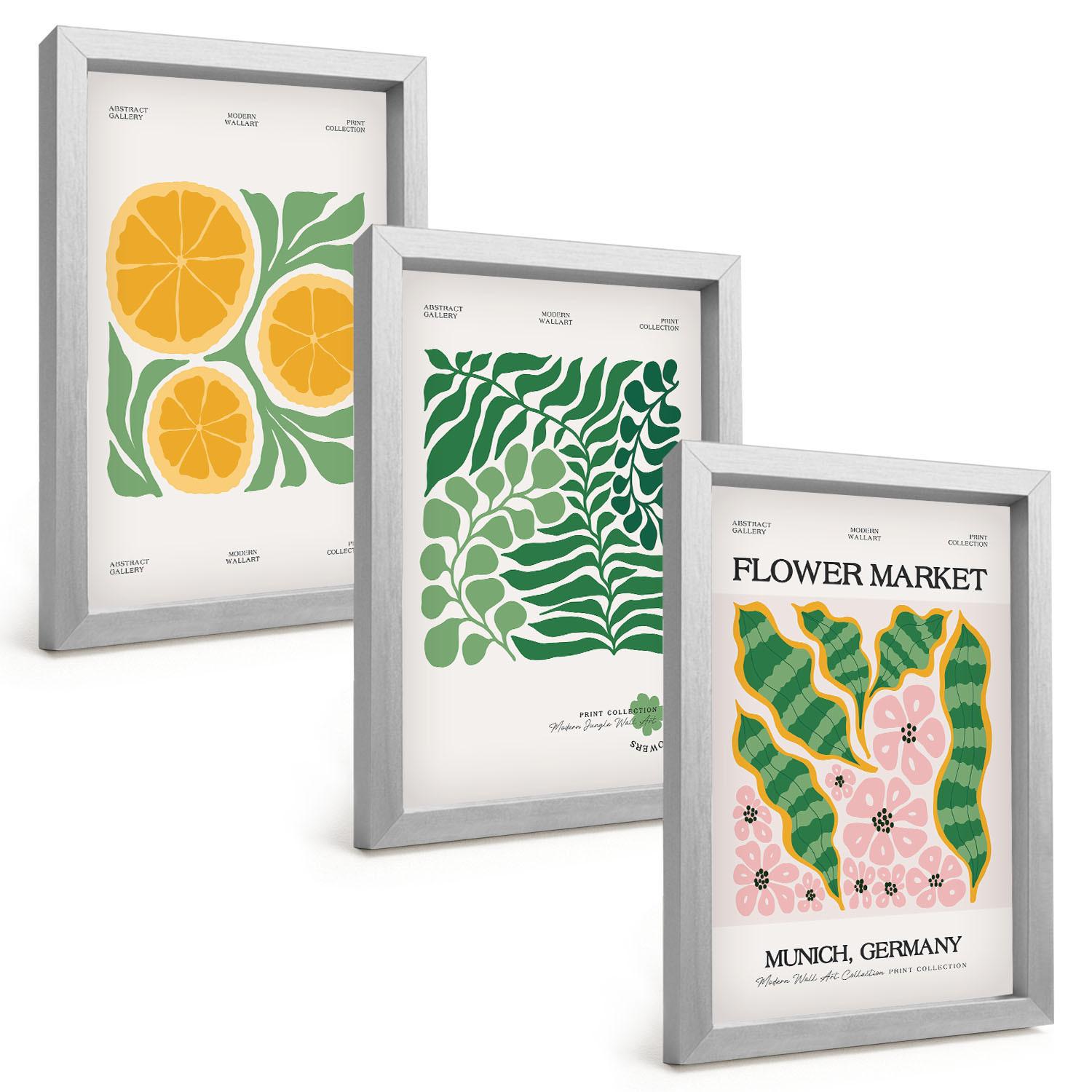 BILDER SET 3er Set - 20x30 cm Silberner Rahmen - Pastellfarbene Frucht- und Pflanzenmotive - Silberfarben, Kunststoff (20/30cm) - TULUP