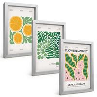 BILDER SET 3er Set - 20x30 cm Silberner Rahmen - Pastellfarbene Frucht- und Pflanzenmotive - Silberfarben, Kunststoff (20/30cm) - TULUP