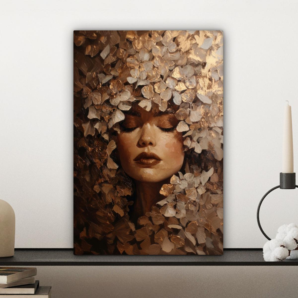 LEINWANDBILD Gesicht - Dame - Blätter - Pinselstriche Deko Wohnzimmer 20x30 cm - Goldfarben, Textil (20/30cm) - MuchoWow
