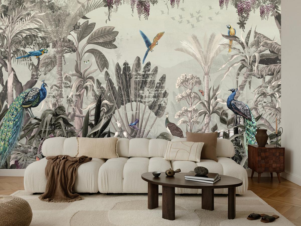 FOTOTAPETE für Wohnzimmer Vintage Tropenwald Palmen Papageien 350x256 - Beige/Grün, Papier (350/256cm) - Muralo