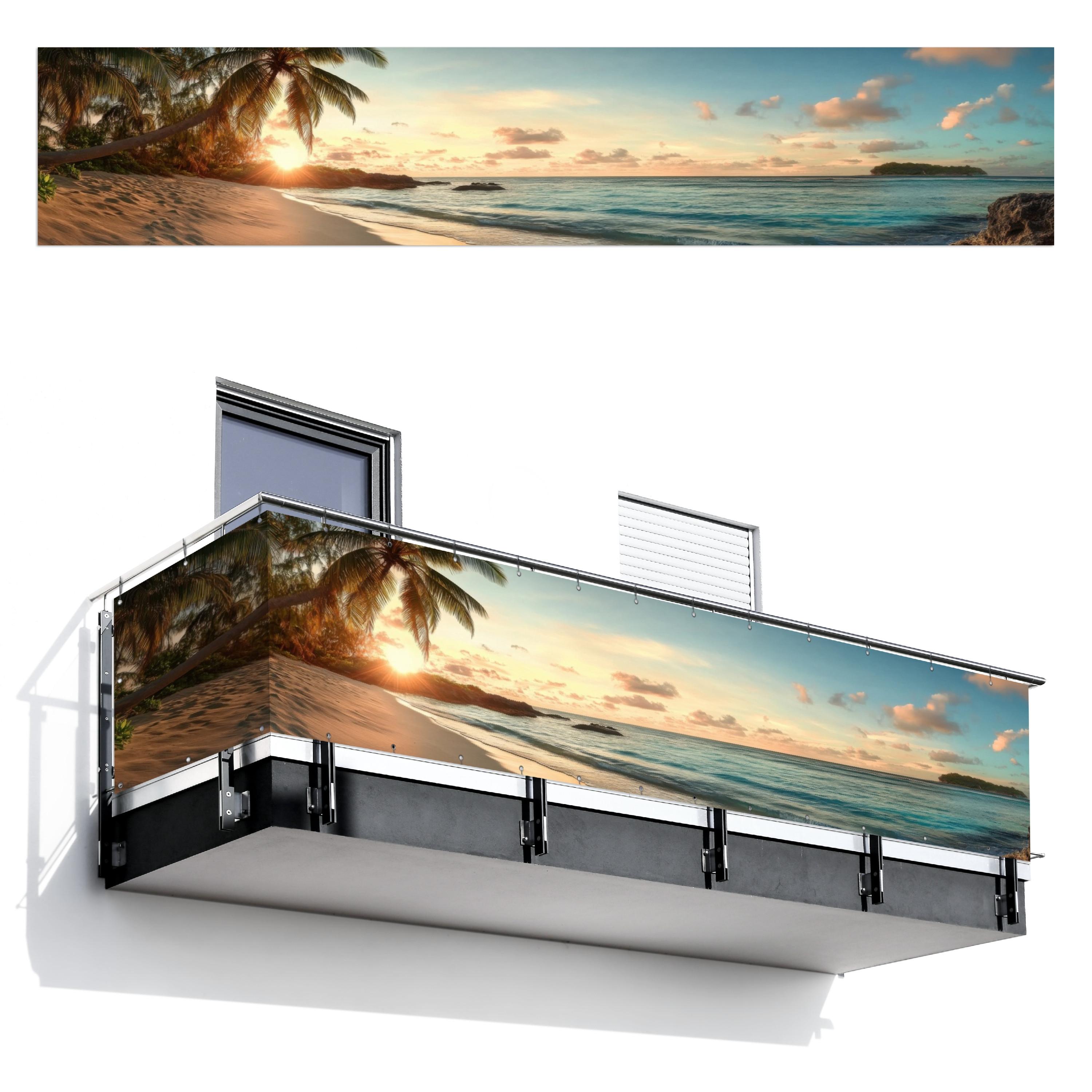 BALKON-SICHTSCHUTZ Strand - Palmen - Meer - Sonnenuntergang Deko XXL 500x100 cm - Samtahornfarben, Kunststoff (500/100cm) - MuchoWow