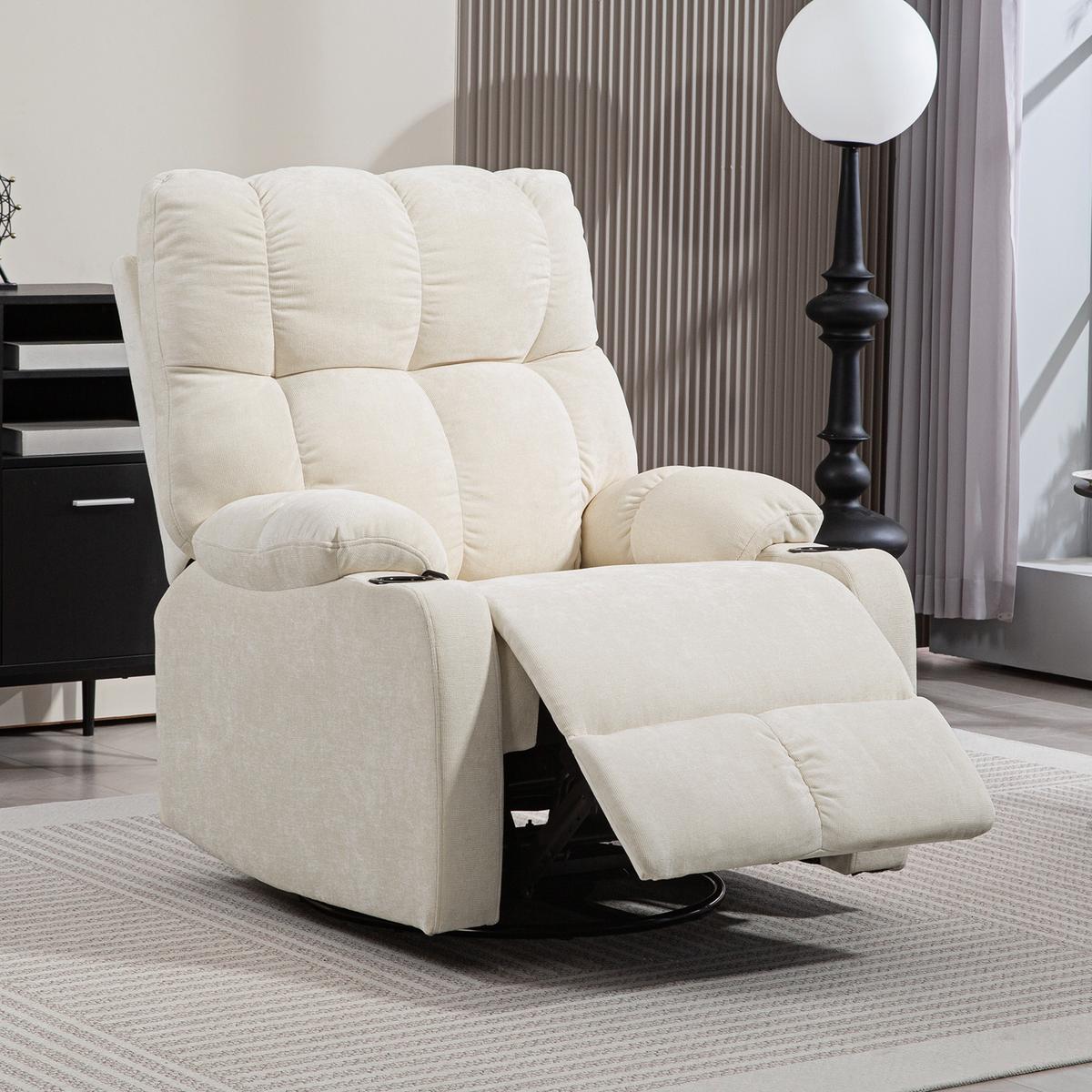 RELAXSESSEL Drehbar Fernsehsessel mit Liegefunktion, Schaukelfunktion Beige - Beige/Schwarz, Textil/Metall (96/108/88cm) - HOMCOM