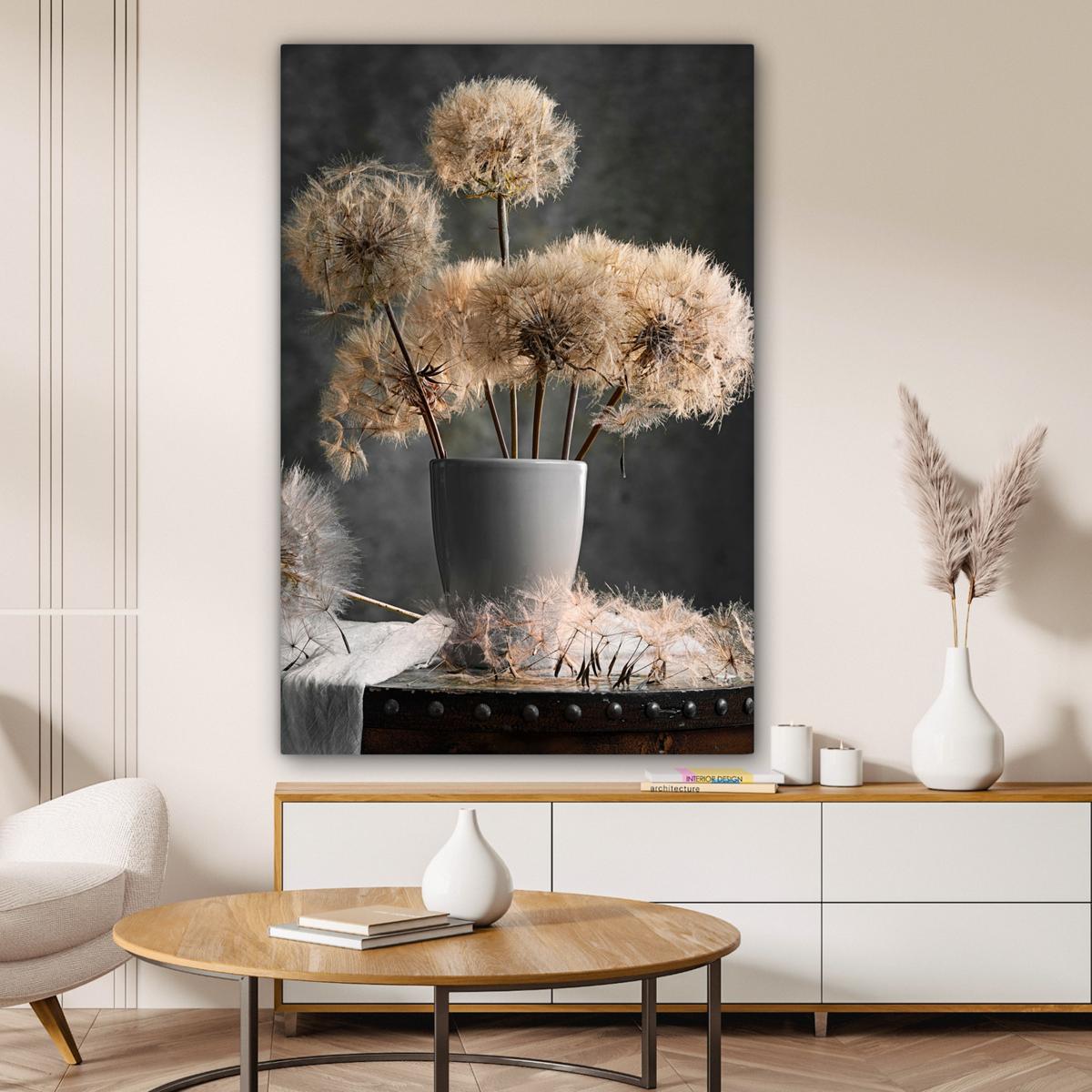 LEINWANDBILD Blumensamen - Löwenzahn - Vase - Stilleben - Blumenstrauß Deko Groß 90x140 cm - Dunkelgrau, Textil (90/140cm) - MuchoWow
