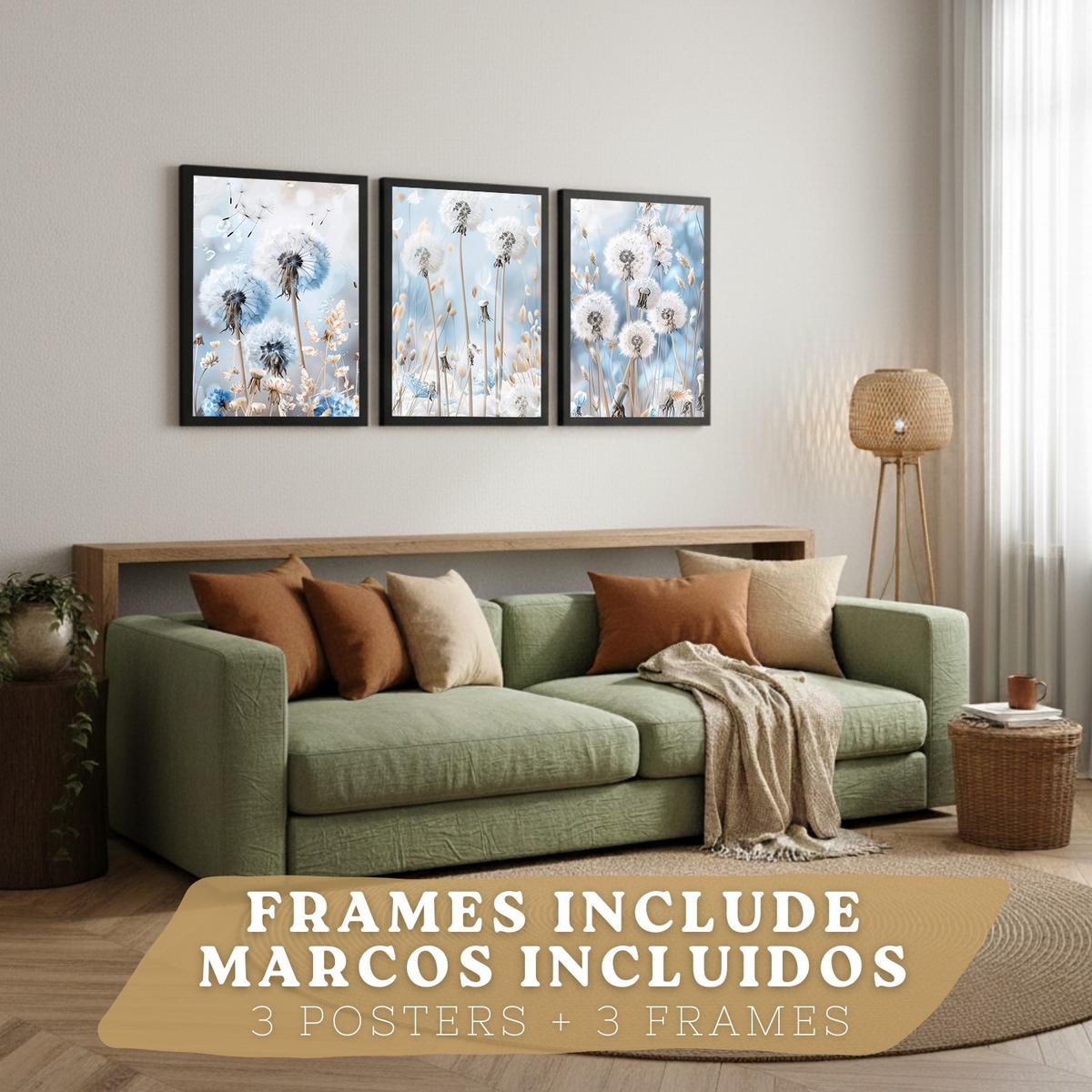 POSTER 3er Kunstdruck-Set Wandbilder Floral Blau modern Wohnzimmer Deko, Schlafzimmer, Küche, Badezimmer Schwarzer Rahmen A4 - Schwarz, Papier (29.7/1/21cm) - Nacnic