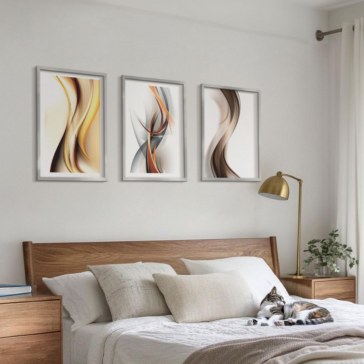 BILDER SET 3er Set - 40x60 cm Silberner Rahmen - Gelbgrau-braune Wellen - Silberfarben, Kunststoff (40/60cm) - TULUP
