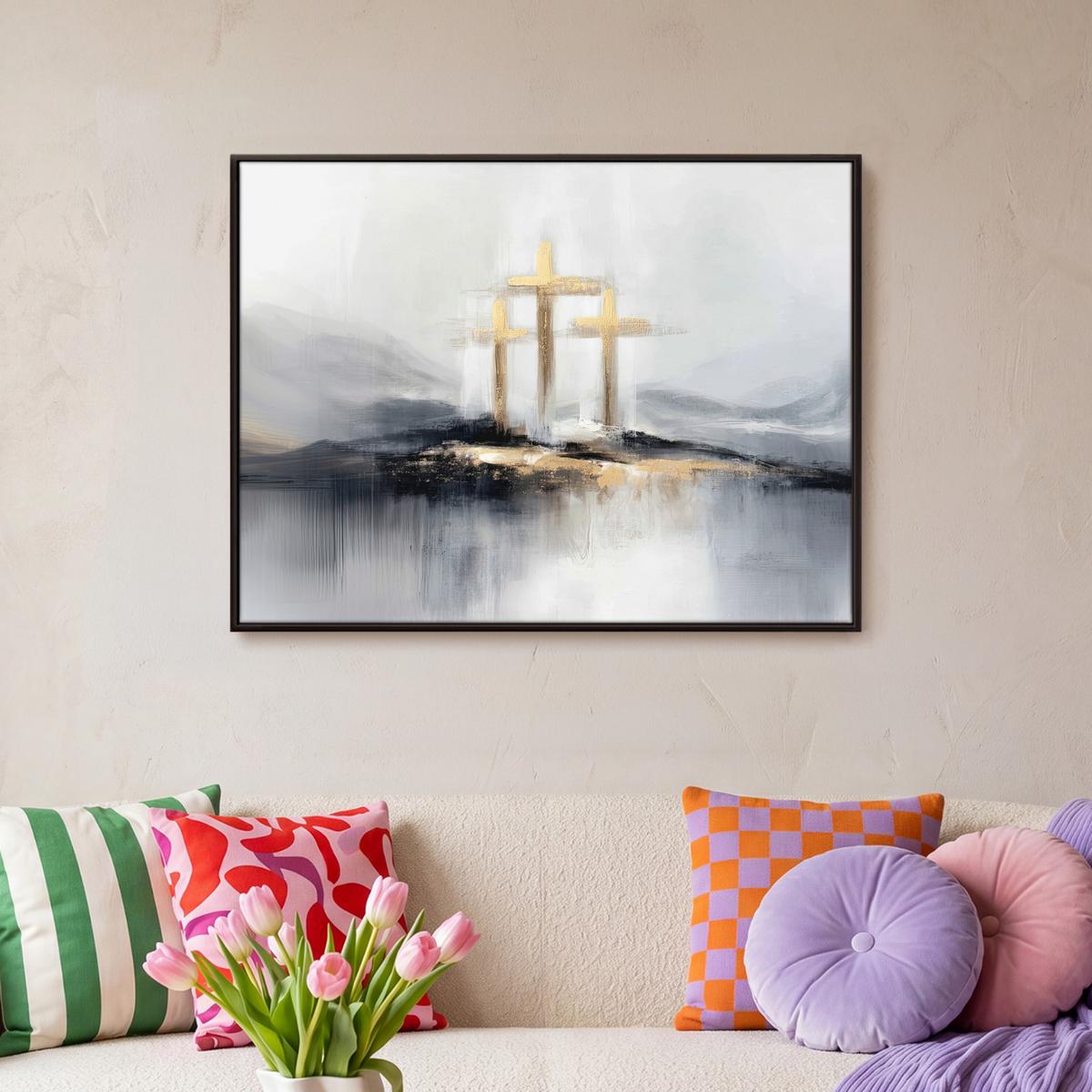 LEINWAND Bilder mit Rahmen - Abstrakt - Malerei - Christentum - Kreuz - 70x50 - Weiß, Textil (70/50cm) - MuchoWow