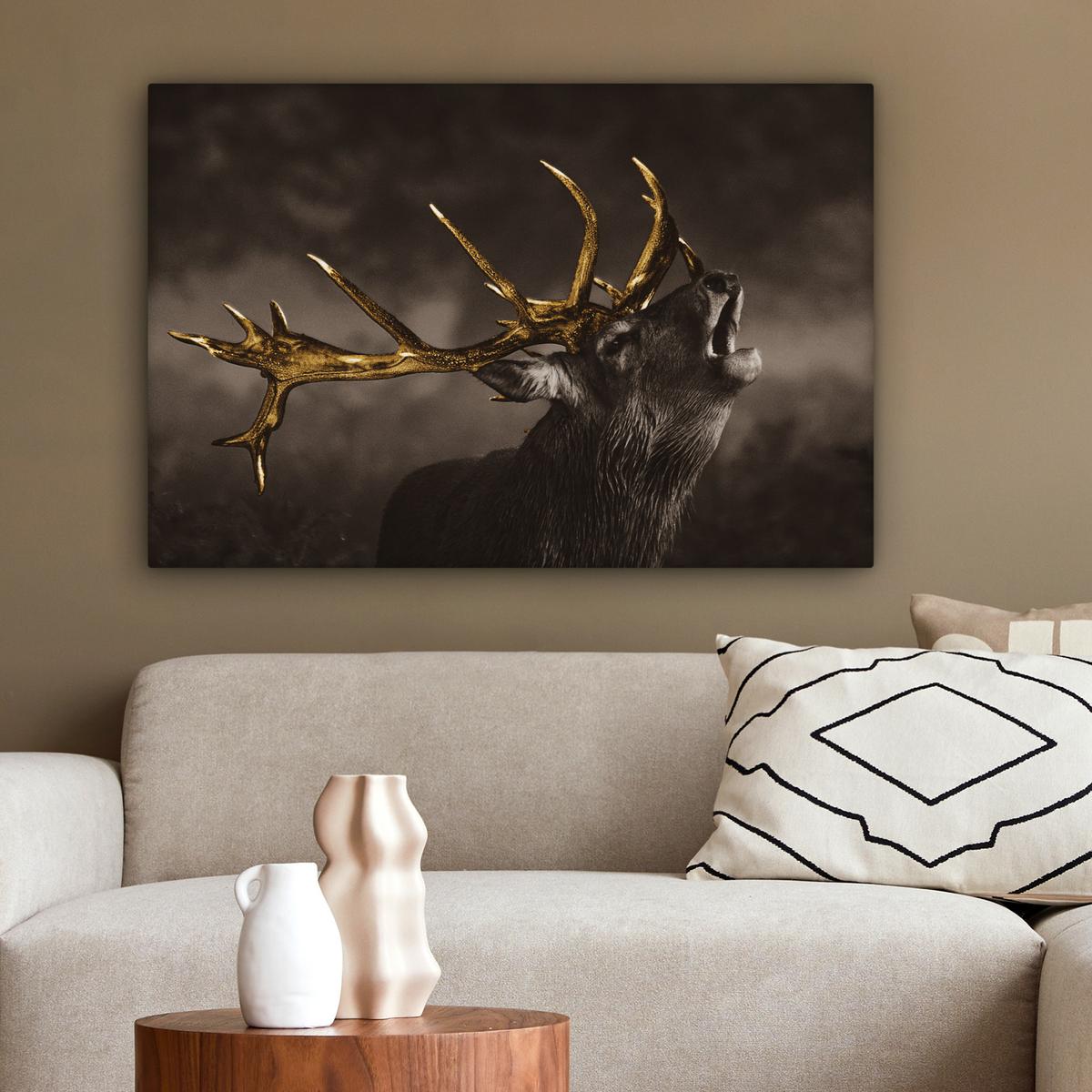 LEINWANDBILD Rotwild - Schwarz - Gold Wanddeko 90x60 cm - Braun, Textil (90/60cm) - MuchoWow