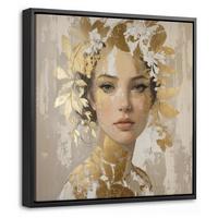 LEINWAND Bilder mit Rahmen - Gesicht - Frau - Blätter - Gold - 20x20 - Beige, Textil (20/20cm) - MuchoWow