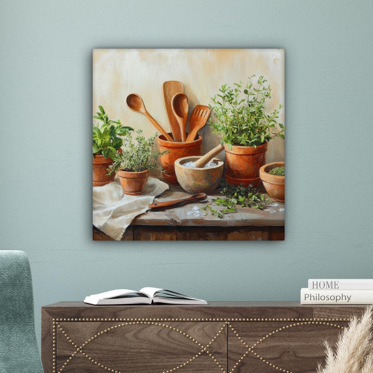 LEINWANDBILD Töpfe - Kräuter - Holz Wandbild Wohnzimmer 50x50 cm - Terracotta, Textil (50/50cm) - MuchoWow