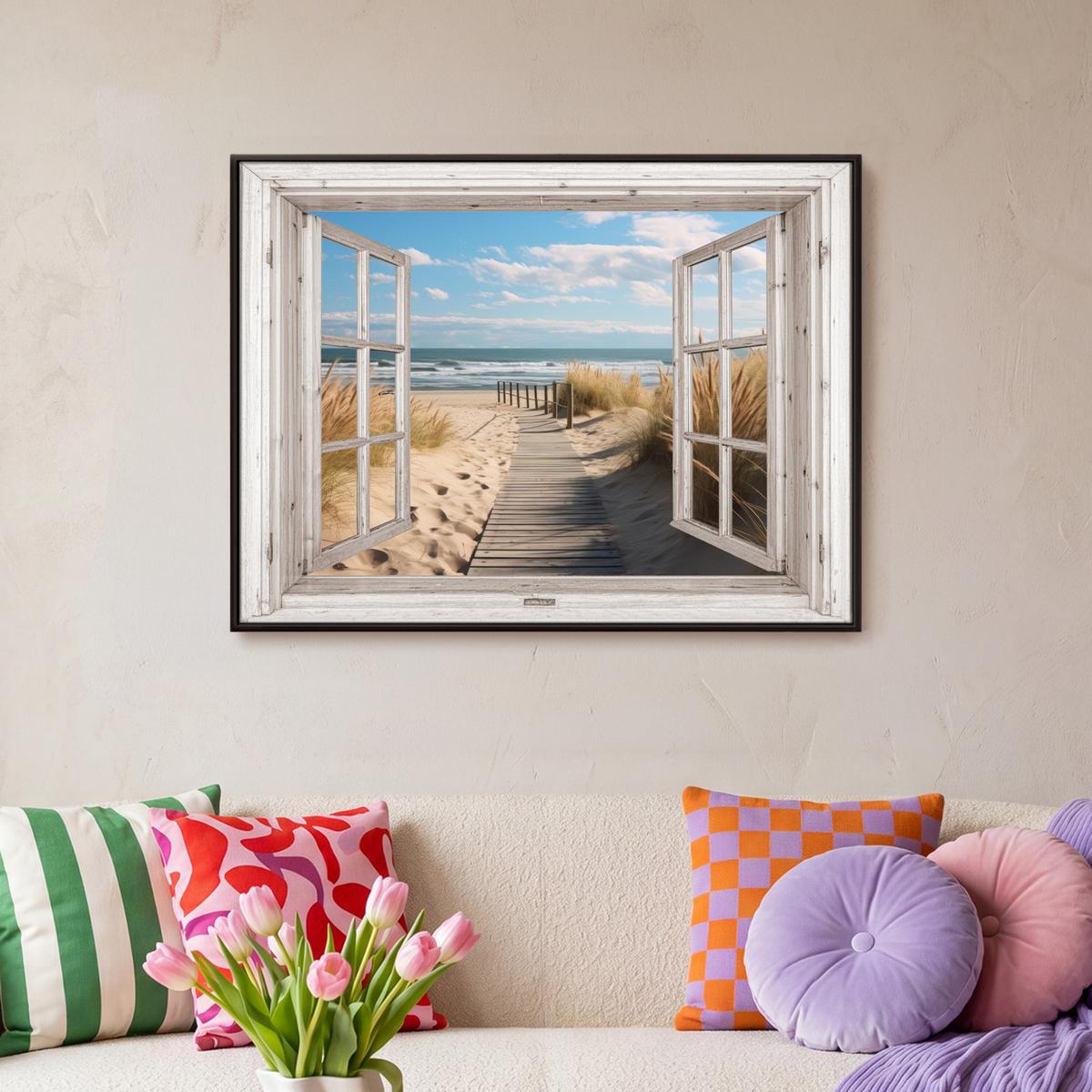LEINWAND Bilder mit Rahmen - Fenster - Meer - Küste - Natur - Ausblick - Strand - Wattenmeer - 80x60 - Beige, Textil (80/60cm) - MuchoWow